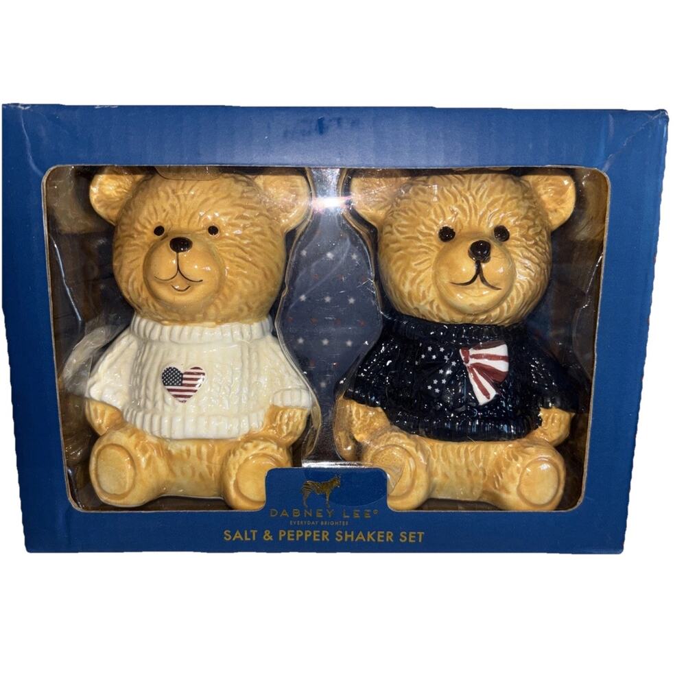 Dabney Lee Teddy Bear Salt & Pepper Shakers Patriotic Red White Blue 4th of July